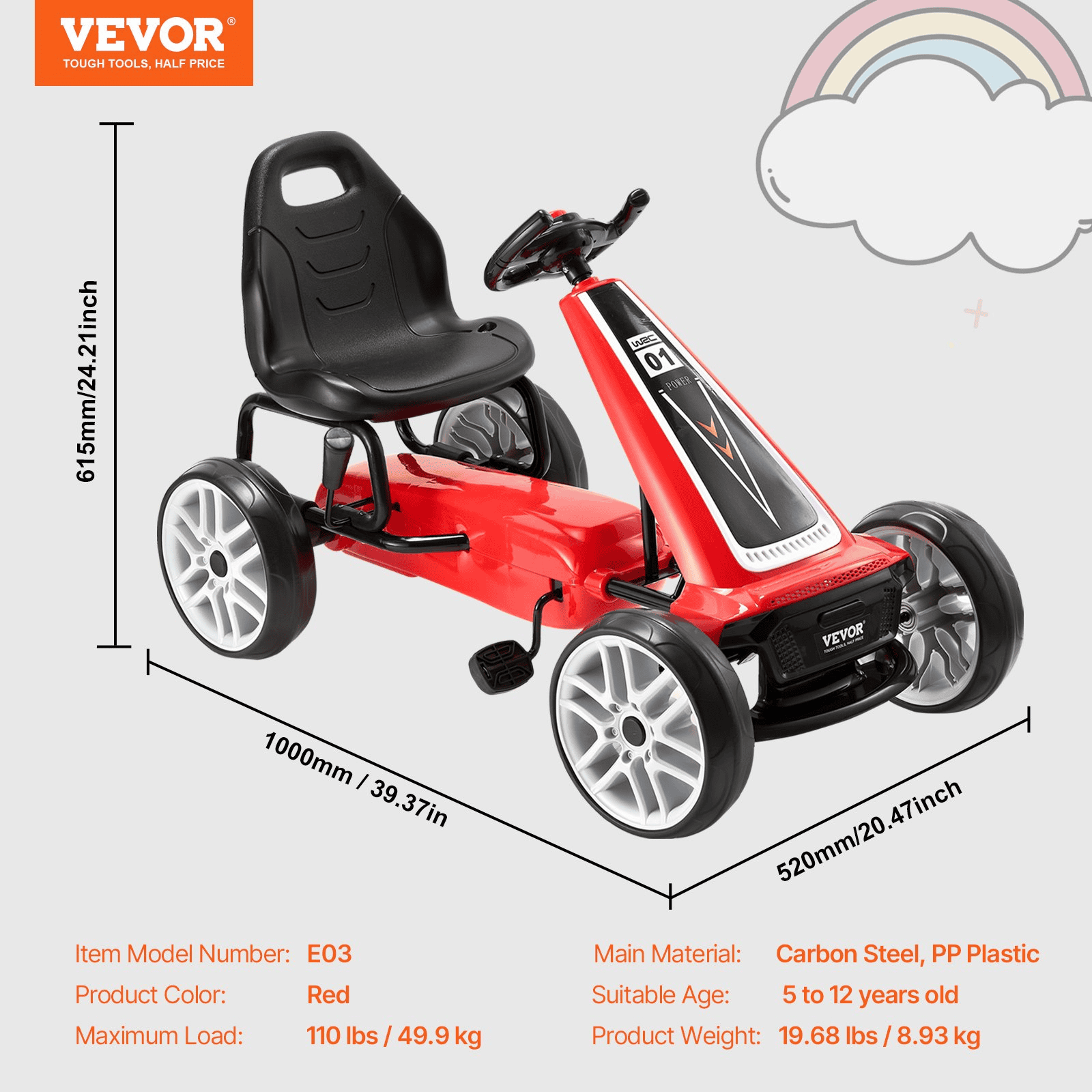 VEVOR Go Kart 4 Wheel Pedal Ride On Toy for Kids Adjustable Seat Hand Brake Red