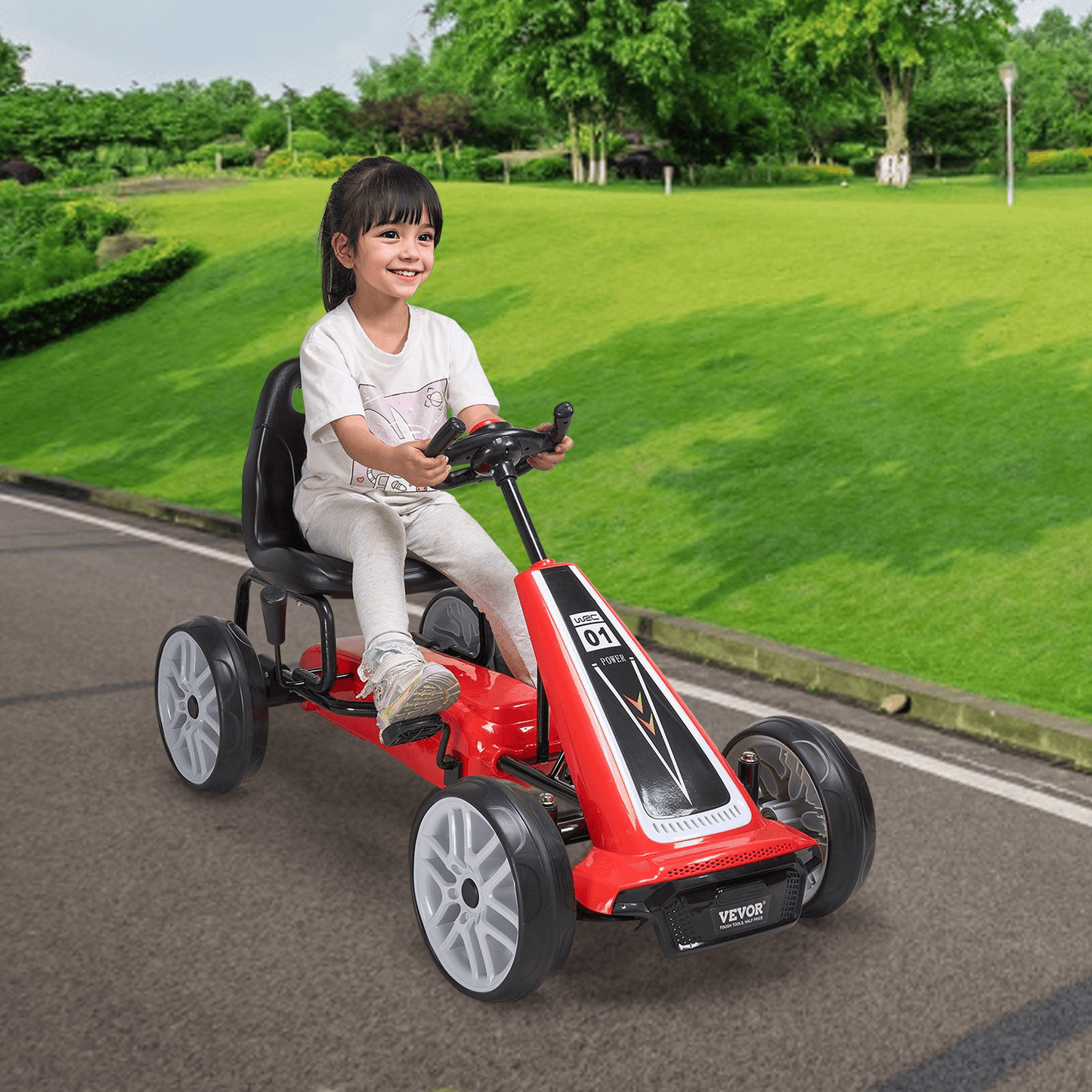 VEVOR Go Kart 4 Wheel Pedal Ride On Toy for Kids Adjustable Seat Hand Brake Red