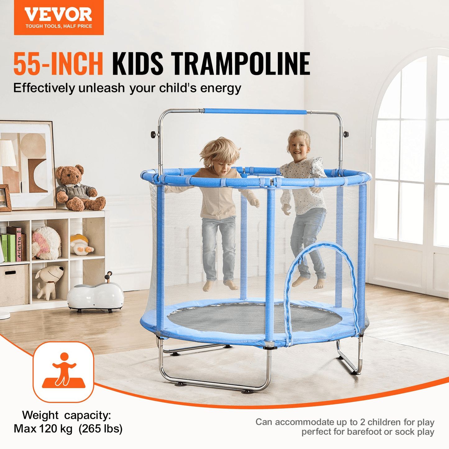 55" Trampoline for Kids Mini Toddler Trampoline with Net Indoor Outdoor