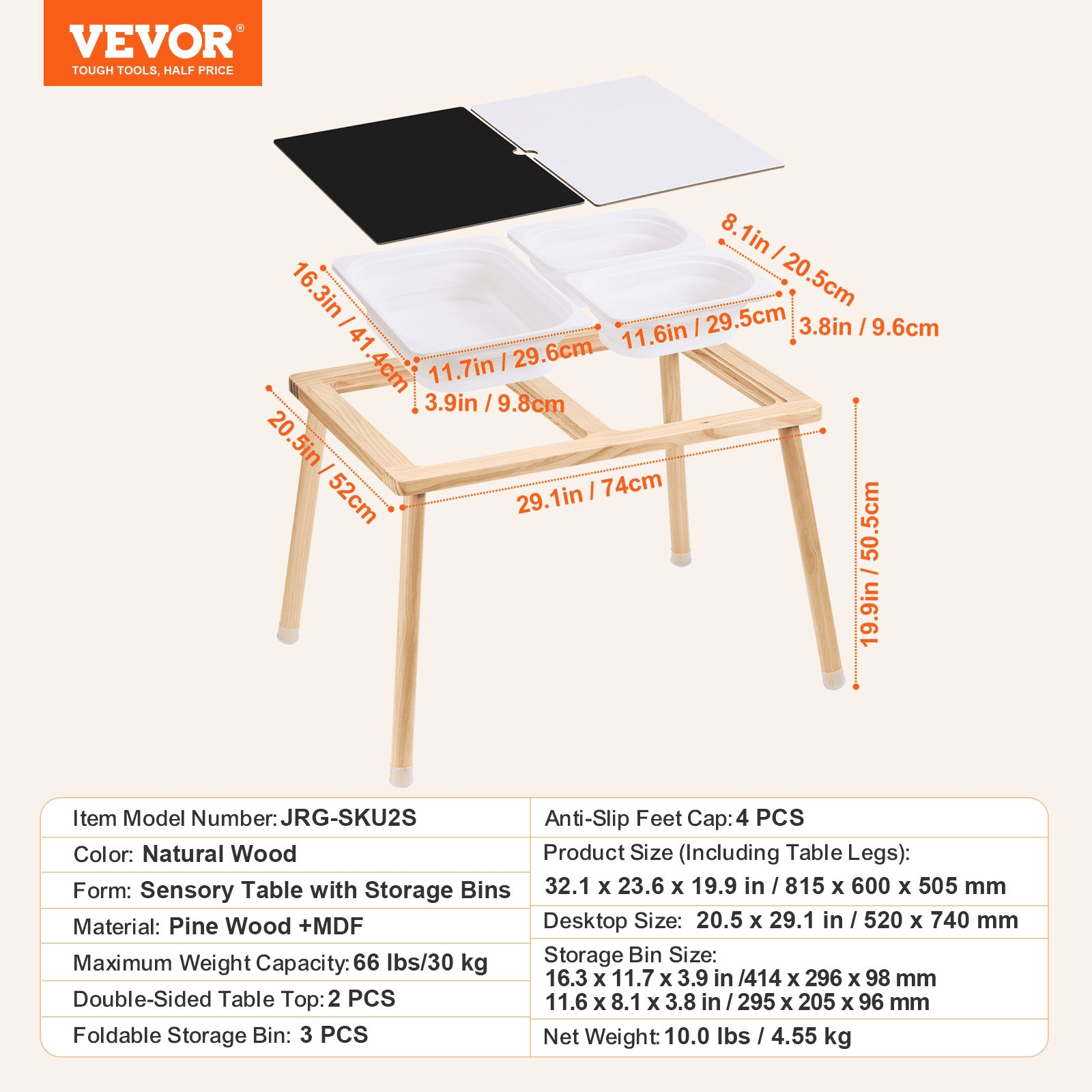 VEVOR Kids Sensory Table Indoor Wooden Play Sand Water Table with 3 Storage Bins