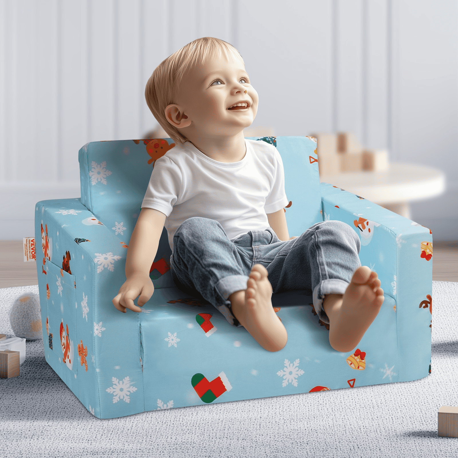 VEVOR Kids Christmas Couch, 2-in-1 Toddler Chairs Comfy, Toddler Couch Sofa Bed Fold Out, Convertible Sofa to Lounger, Kids Chair Seat Playroom Furniture for Kids Girls & Boys, Sky Blue