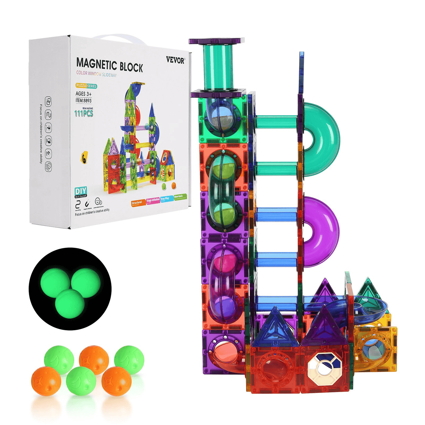 Magnetic Tiles Marble Run 111 PCS STEM Toy Educational Learning Game for Kids