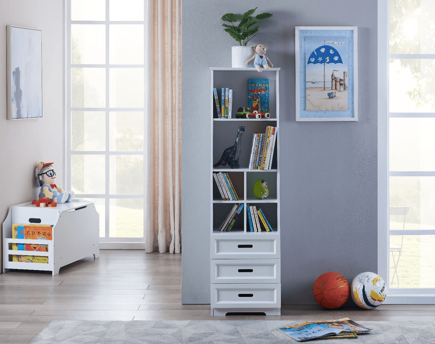 Tall white bookcase with toy storage  | Kids bookcase