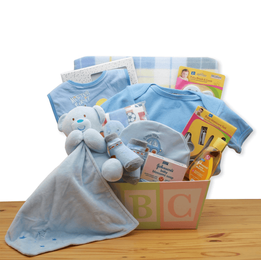 Easy as ABC New Baby Gift Basket - Blue - baby bath set -  baby boy gift basket - new baby gift basket - baby gift baskets - baby shower gifts