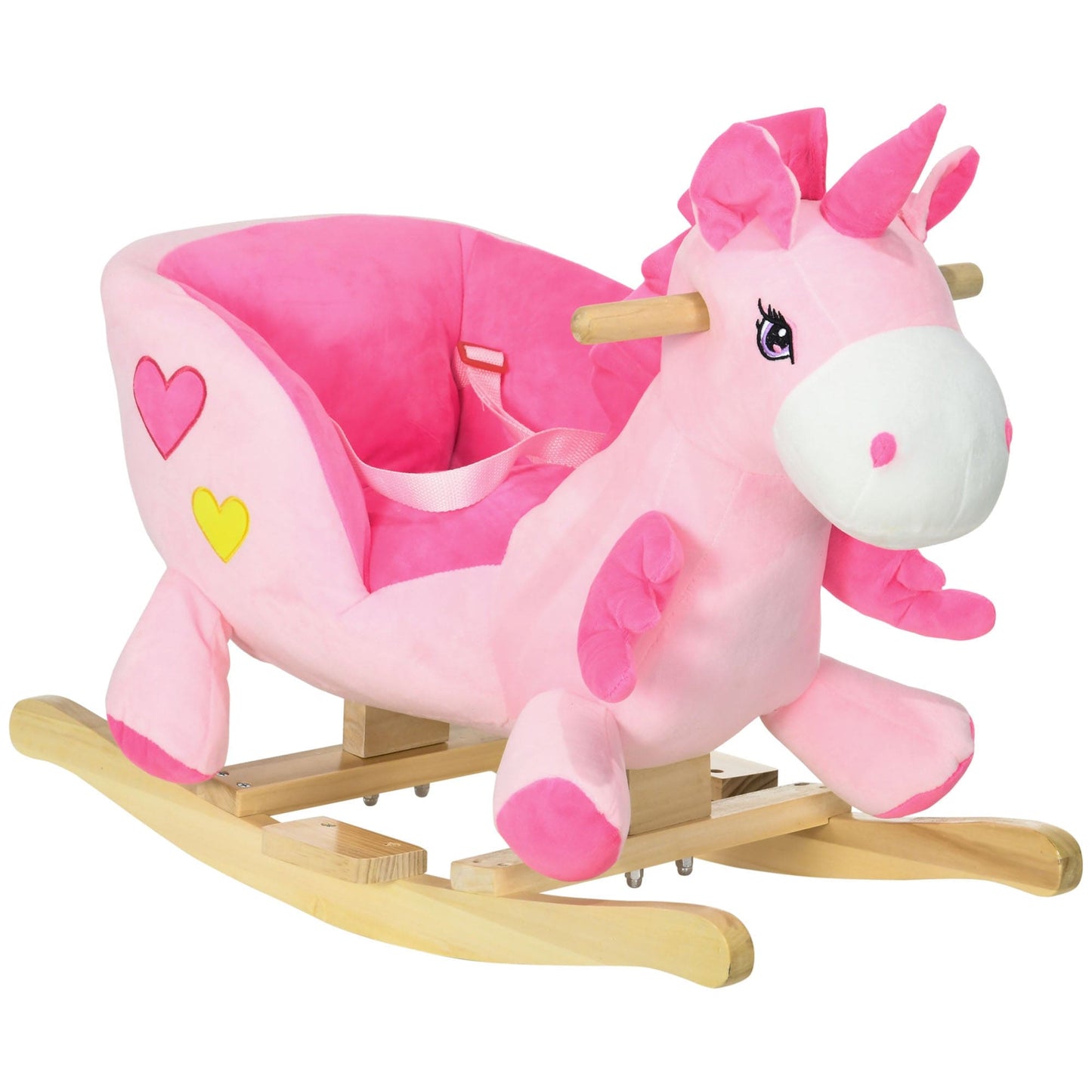 Qaba Baby Rocking Horse, Ride on Unicorn with 32 Songs, Toddler Rocker Toy with Wooden Base Seat Safety Belt for 1.5-3 Year Old, Pink