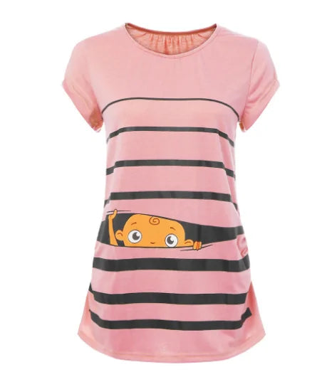 Sweet Cartoon Striped Maternity Summer T-shirt