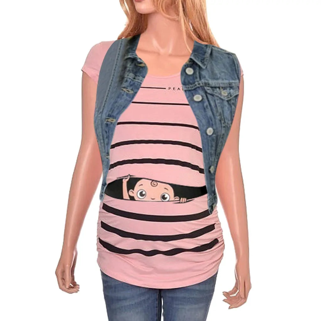 Sweet Cartoon Striped Maternity Summer T-shirt