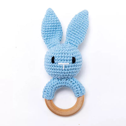 Baby Teether Music Rattle: Adorable Animal Crochet Elephant and Giraffe with Wooden Ring for Montessori Play!