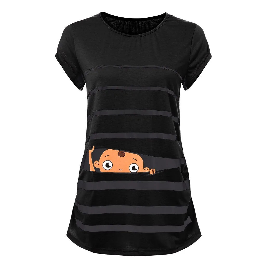 Sweet Cartoon Striped Maternity Summer T-shirt