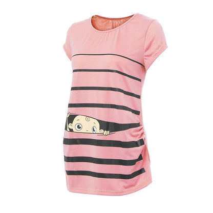 Sweet Cartoon Striped Maternity Summer T-shirt