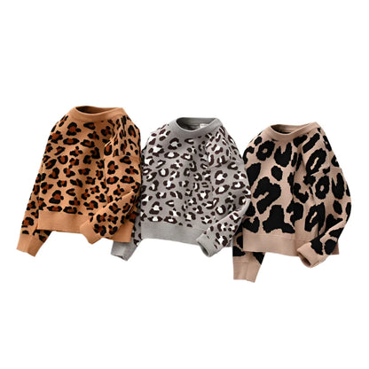 CozyCub Leopard Knit Sweater – Long Sleeve Unisex Kids Sweater for Autumn & Winter