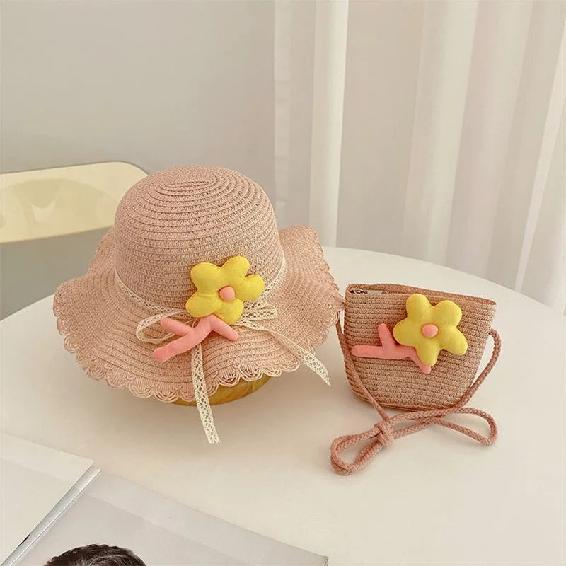 Sunshine Blossom Set: Summer Straw Hat and Handbag Ensemble for Girls