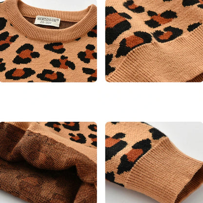 CozyCub Leopard Knit Sweater – Long Sleeve Unisex Kids Sweater for Autumn & Winter