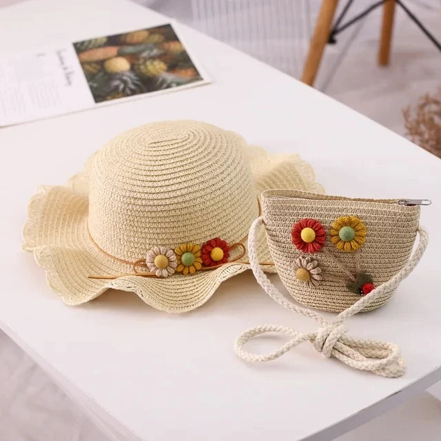 Sunshine Blossom Set: Summer Straw Hat and Handbag Ensemble for Girls