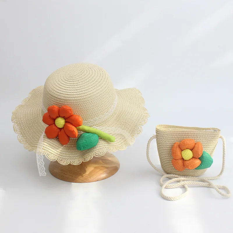 Sunshine Blossom Set: Summer Straw Hat and Handbag Ensemble for Girls