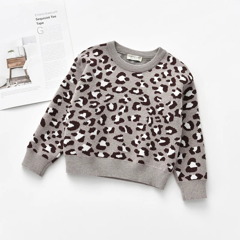 CozyCub Leopard Knit Sweater – Long Sleeve Unisex Kids Sweater for Autumn & Winter