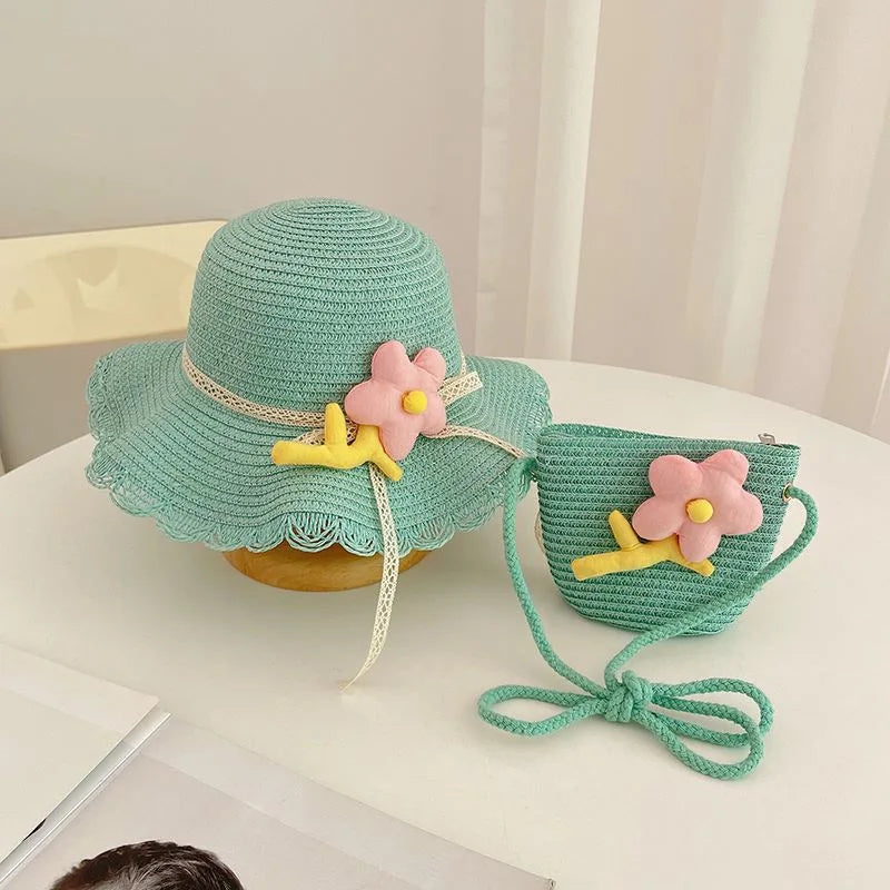 Sunshine Blossom Set: Summer Straw Hat and Handbag Ensemble for Girls