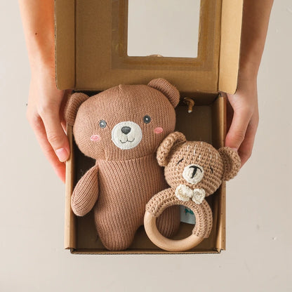Bear Hugs & Wooly Wonders: Handmade Crochet Set with Plush Toy, Rattles, and Wood Ring - Perfect Gifts for Kids! 🐻🧶🎁