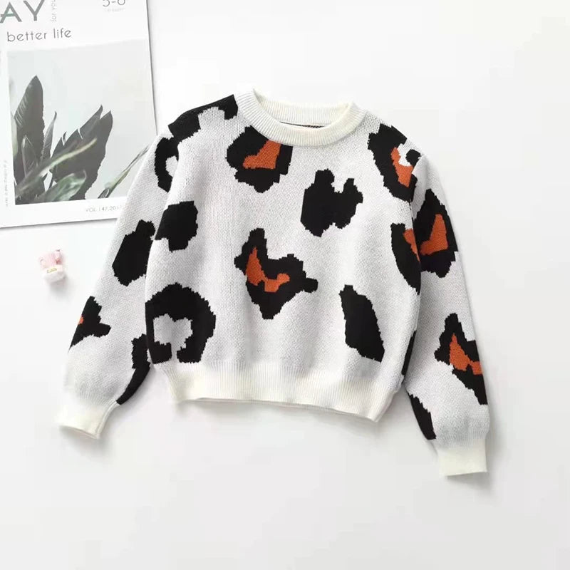 CozyCub Leopard Knit Sweater – Long Sleeve Unisex Kids Sweater for Autumn & Winter