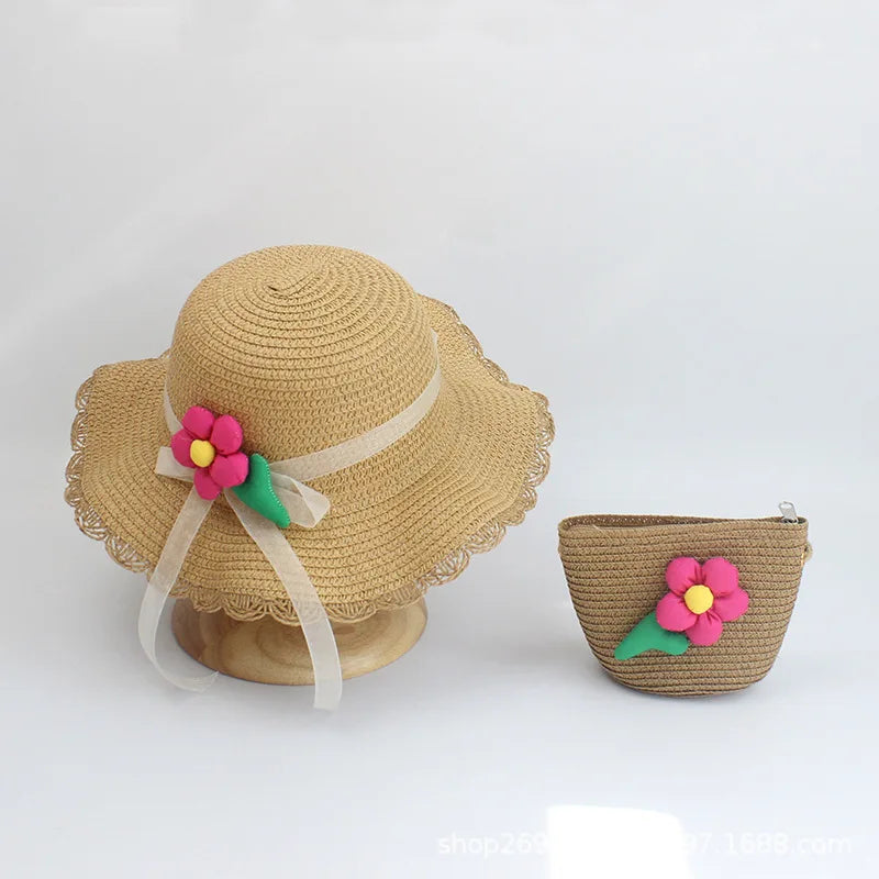 Sunshine Blossom Set: Summer Straw Hat and Handbag Ensemble for Girls