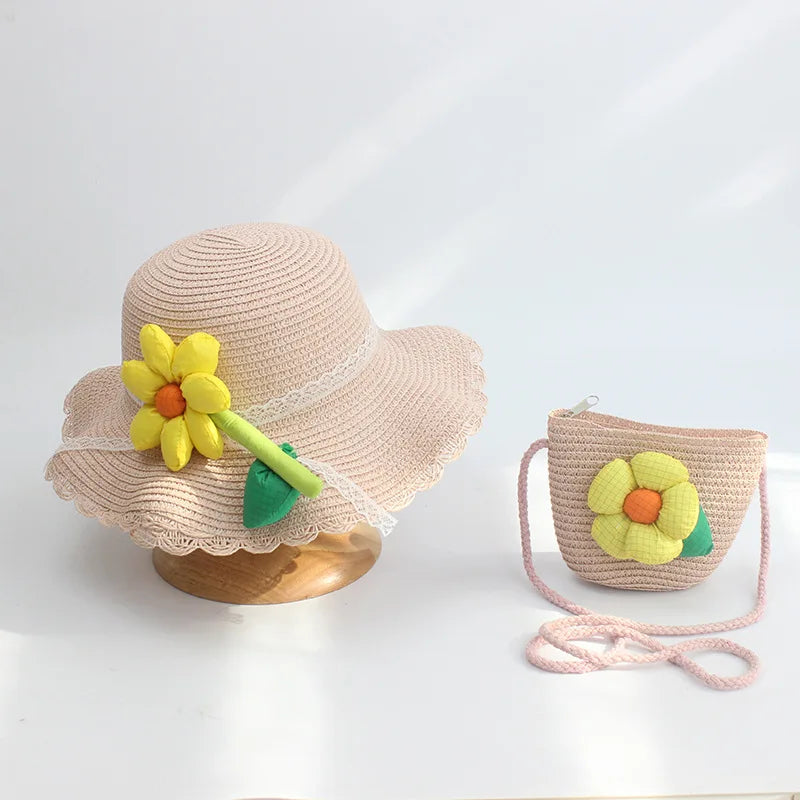 Sunshine Blossom Set: Summer Straw Hat and Handbag Ensemble for Girls