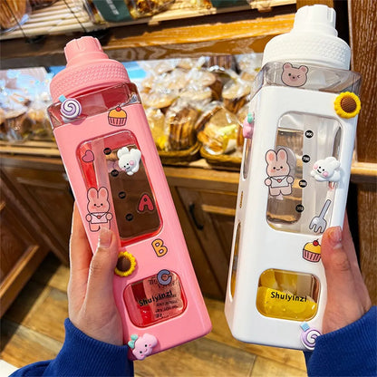 Cuddly Bear Sippy Cup: Kawaii Water Bottle with 3D Bear Sticker and Straw, BPA-Free Plastic, 700ml