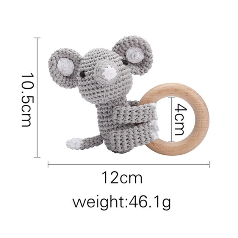 Baby Teether Music Rattle: Adorable Animal Crochet Elephant and Giraffe with Wooden Ring for Montessori Play!