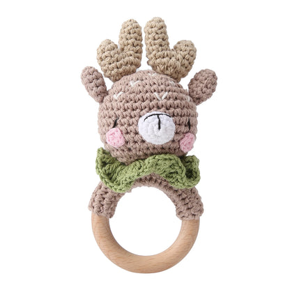 Baby Teether Music Rattle: Adorable Animal Crochet Elephant and Giraffe with Wooden Ring for Montessori Play!