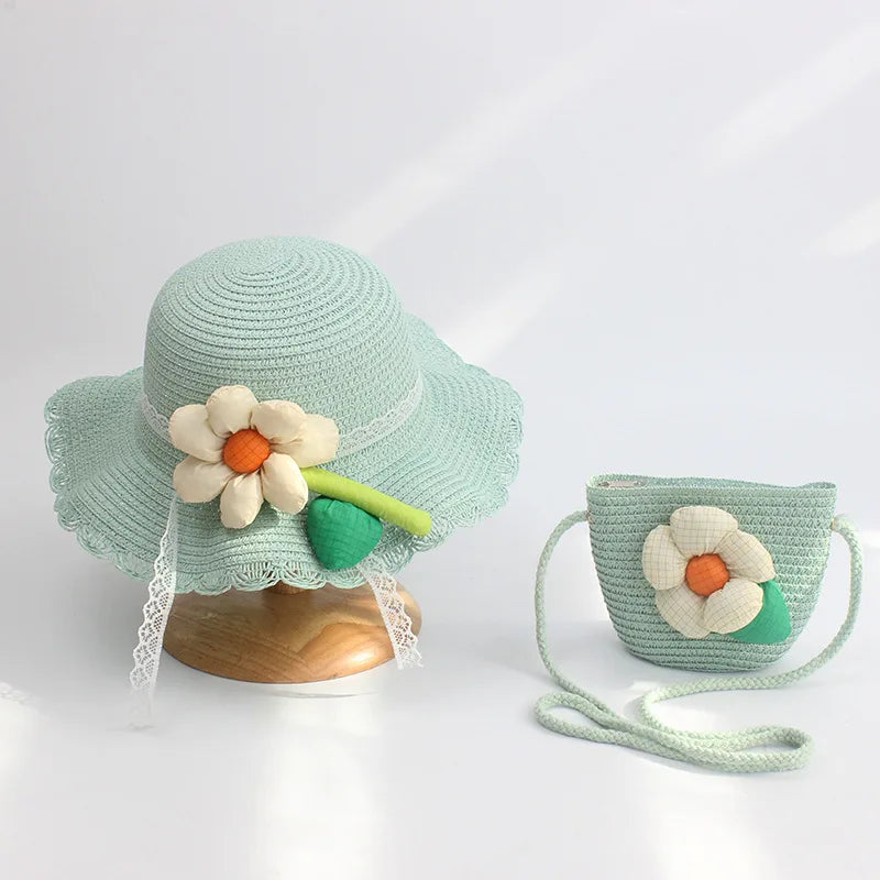 Sunshine Blossom Set: Summer Straw Hat and Handbag Ensemble for Girls