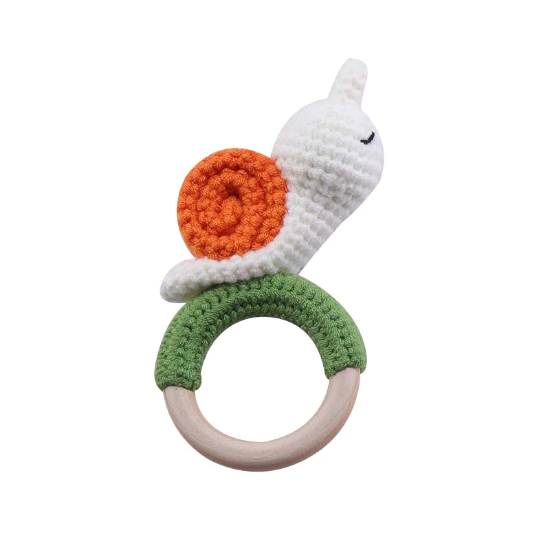 Baby Teether Music Rattle: Adorable Animal Crochet Elephant and Giraffe with Wooden Ring for Montessori Play!