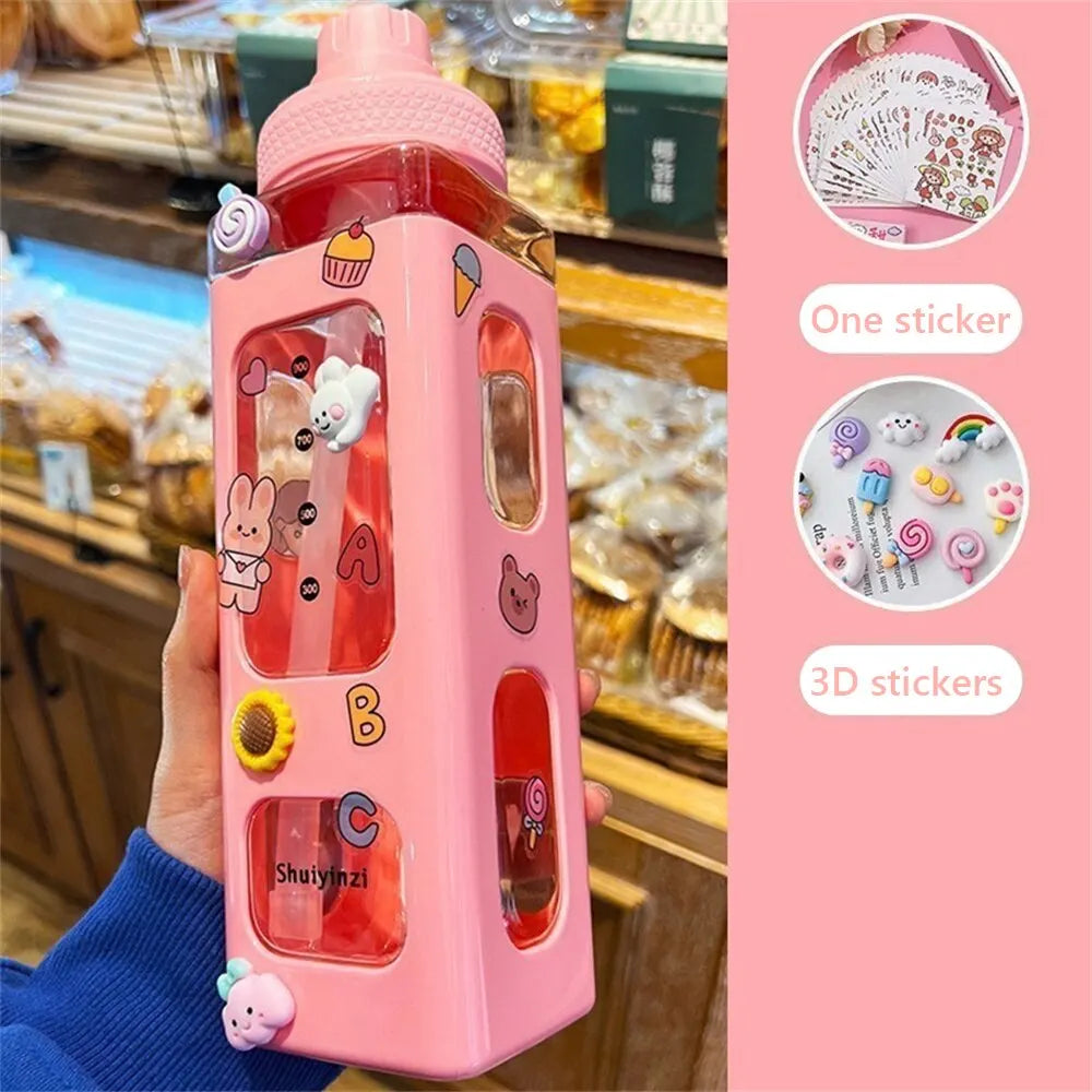 Cuddly Bear Sippy Cup: Kawaii Water Bottle with 3D Bear Sticker and Straw, BPA-Free Plastic, 700ml