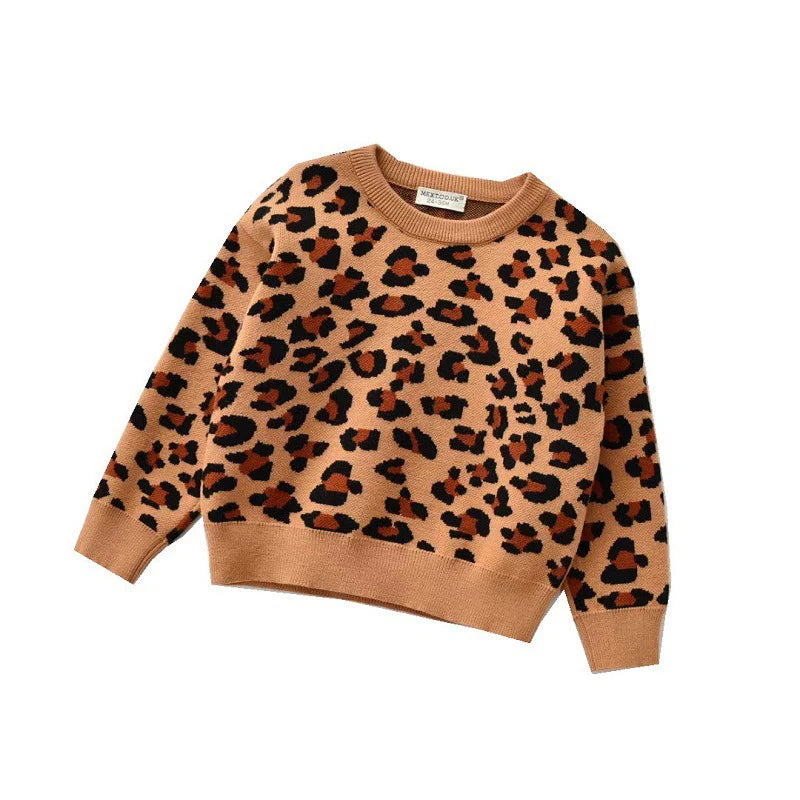 CozyCub Leopard Knit Sweater – Long Sleeve Unisex Kids Sweater for Autumn & Winter