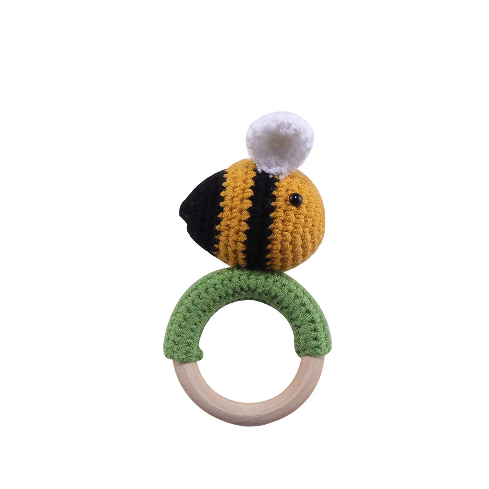 Baby Teether Music Rattle: Adorable Animal Crochet Elephant and Giraffe with Wooden Ring for Montessori Play!