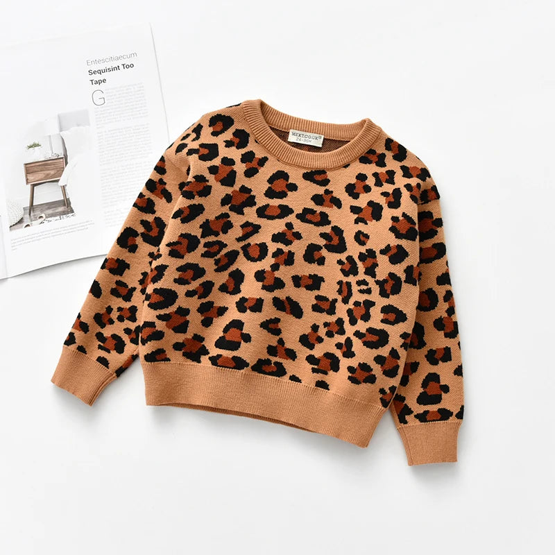 CozyCub Leopard Knit Sweater – Long Sleeve Unisex Kids Sweater for Autumn & Winter