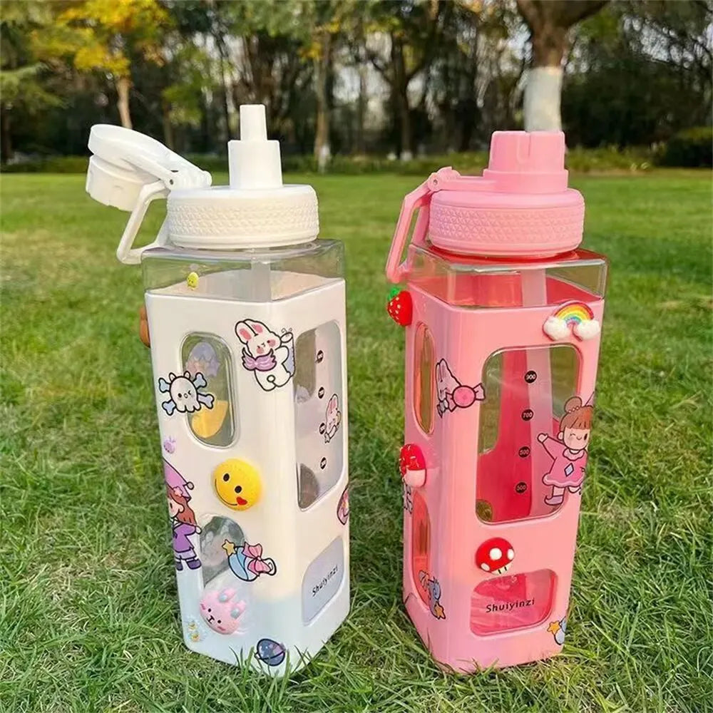 Cuddly Bear Sippy Cup: Kawaii Water Bottle with 3D Bear Sticker and Straw, BPA-Free Plastic, 700ml