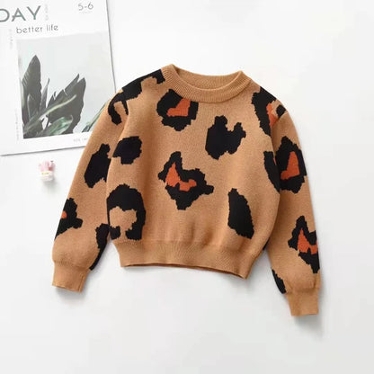 CozyCub Leopard Knit Sweater – Long Sleeve Unisex Kids Sweater for Autumn & Winter