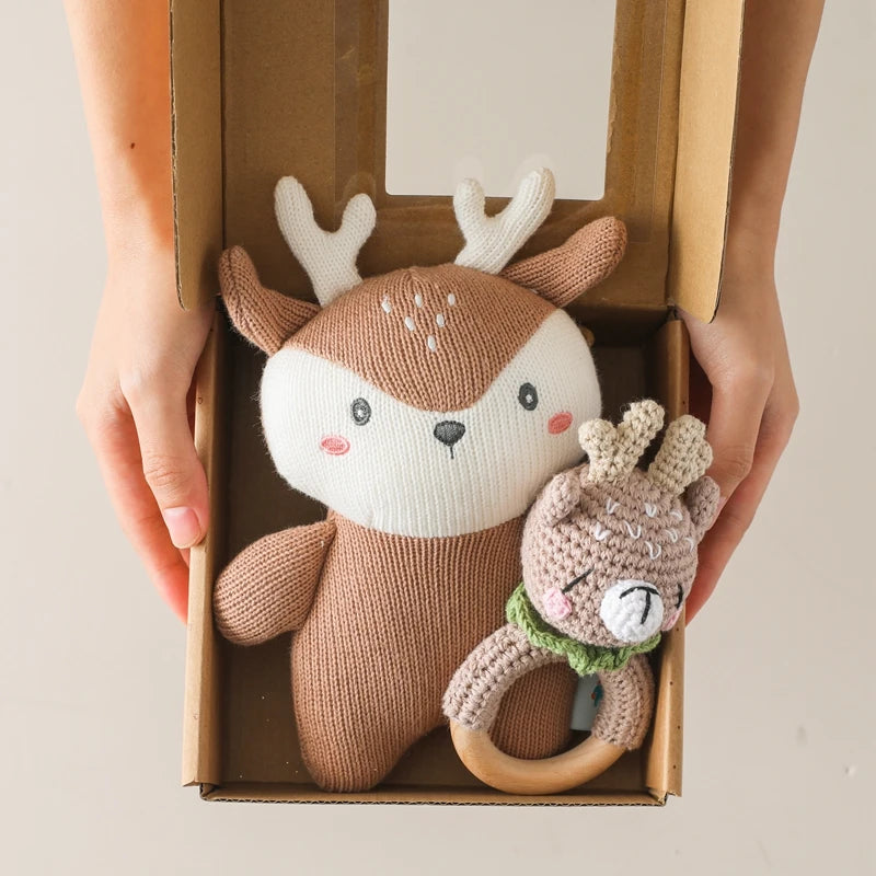Bear Hugs & Wooly Wonders: Handmade Crochet Set with Plush Toy, Rattles, and Wood Ring - Perfect Gifts for Kids! 🐻🧶🎁