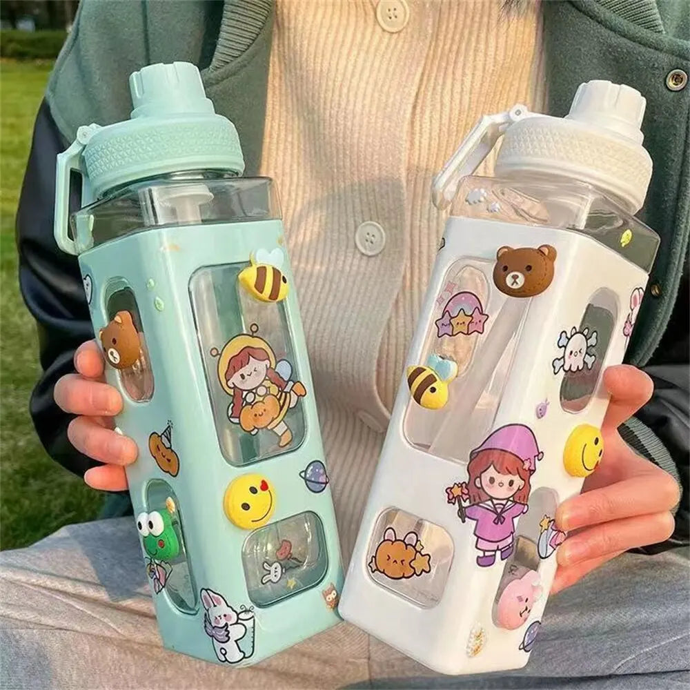 Cuddly Bear Sippy Cup: Kawaii Water Bottle with 3D Bear Sticker and Straw, BPA-Free Plastic, 700ml