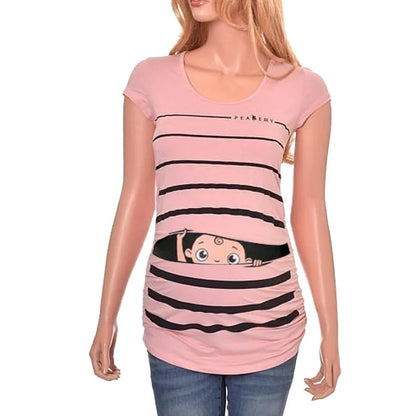 Sweet Cartoon Striped Maternity Summer T-shirt