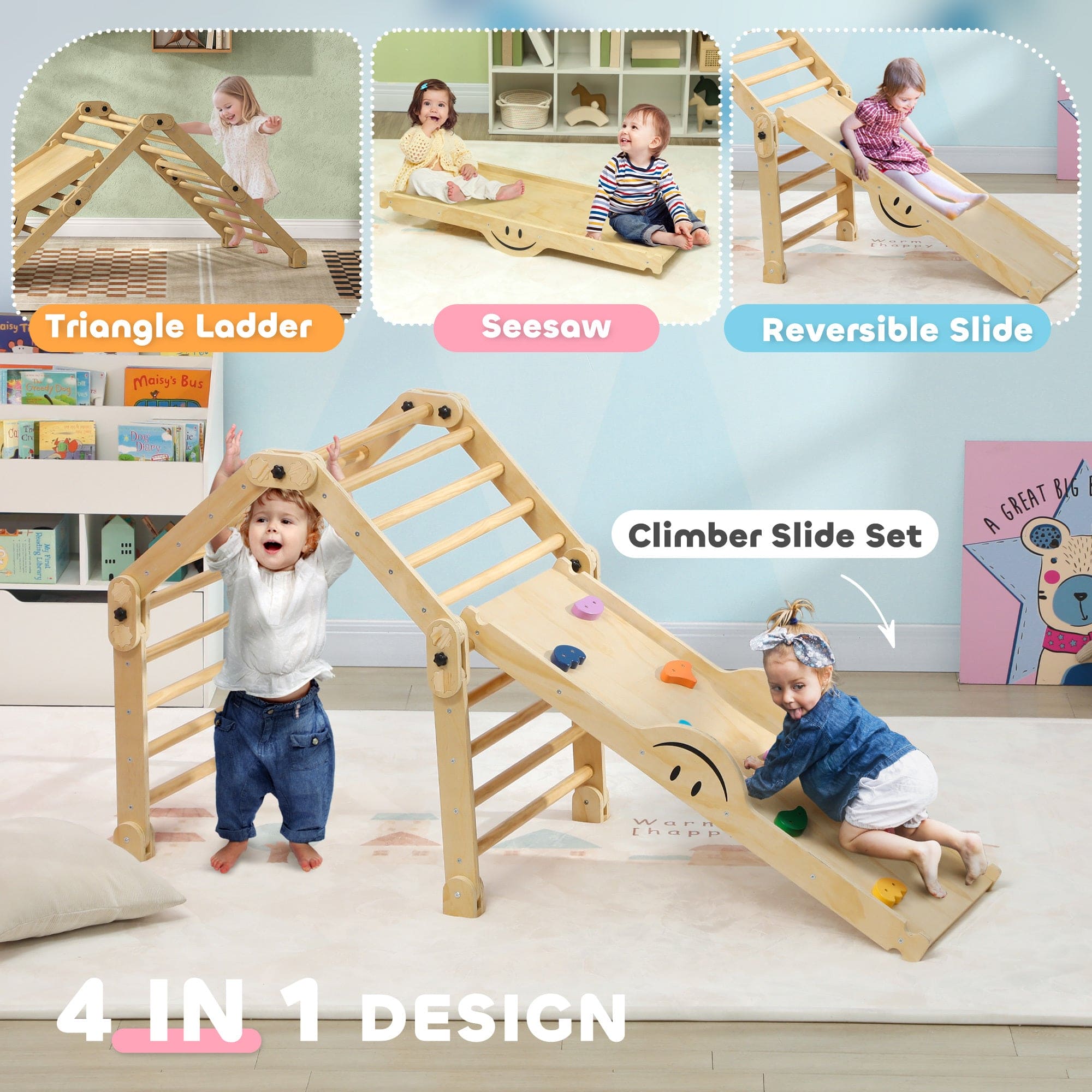 Qaba Indoor Toddler Climbing Toys, 4 in 1 Pikler Climbing Toys for Toddlers 18-48 Months, Inside Foldable Montessori Kids Climbing Toys, Indoor Playground with Ramp & Seesaw, Multicolored