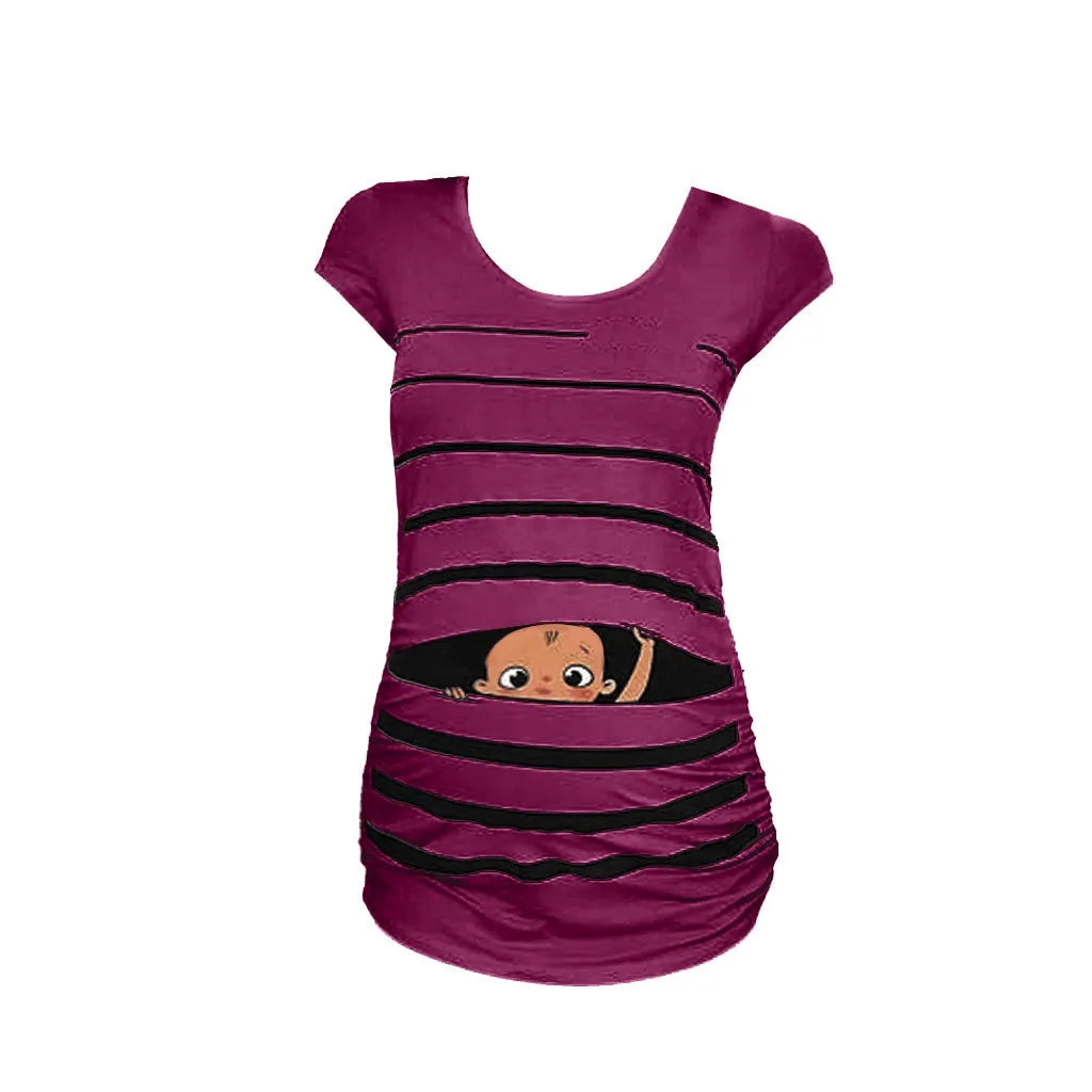 Sweet Cartoon Striped Maternity Summer T-shirt