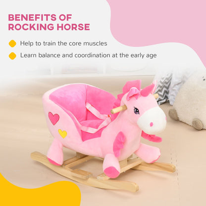 Qaba Baby Rocking Horse, Ride on Unicorn with 32 Songs, Toddler Rocker Toy with Wooden Base Seat Safety Belt for 1.5-3 Year Old, Pink