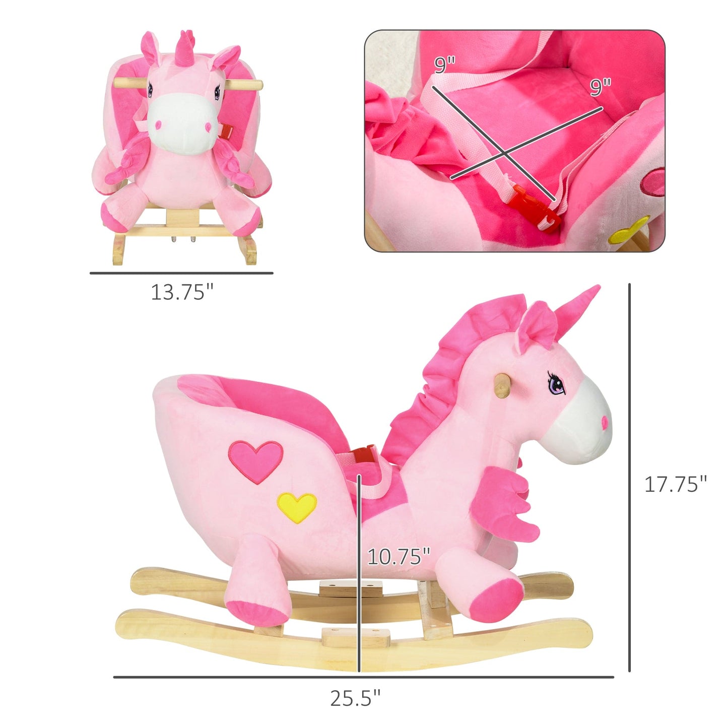 Qaba Baby Rocking Horse, Ride on Unicorn with 32 Songs, Toddler Rocker Toy with Wooden Base Seat Safety Belt for 1.5-3 Year Old, Pink