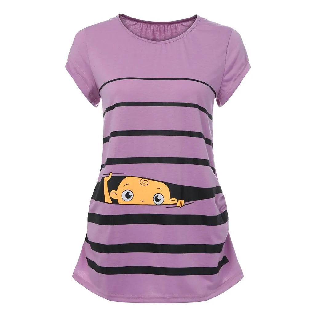 Sweet Cartoon Striped Maternity Summer T-shirt