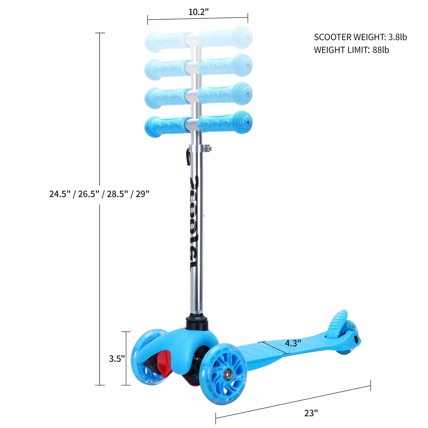 SimpleLux FlashGlide Kids Scooter – 4-Height Adjustable, Wide Deck, PU Flashing Wheels, for Ages 3+, Blue