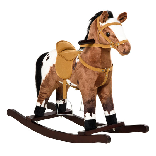 Kids Metal Plush Ride-On Rocking Horse Chair Toy With Realistic Sounds - Dark Brown/White