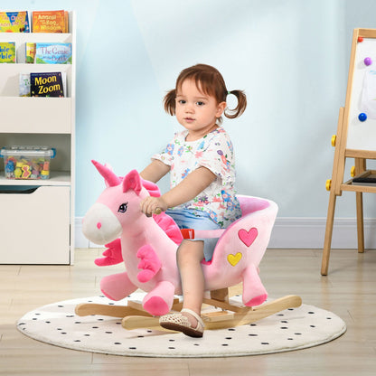 Qaba Baby Rocking Horse, Ride on Unicorn with 32 Songs, Toddler Rocker Toy with Wooden Base Seat Safety Belt for 1.5-3 Year Old, Pink