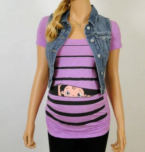 Sweet Cartoon Striped Maternity Summer T-shirt