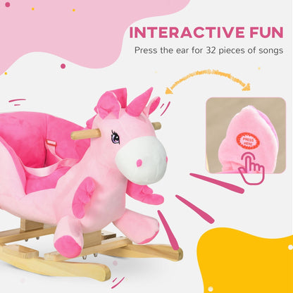 Qaba Baby Rocking Horse, Ride on Unicorn with 32 Songs, Toddler Rocker Toy with Wooden Base Seat Safety Belt for 1.5-3 Year Old, Pink