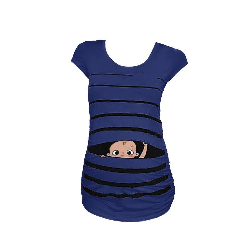 Sweet Cartoon Striped Maternity Summer T-shirt